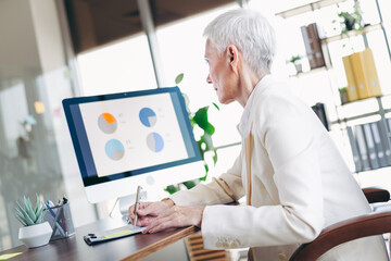 Fototapeta premium Elegant mature businesswoman analyzing data on a desktop computer in a stylish modern workspace