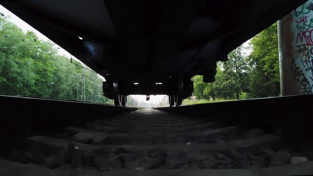 dynamic low-angle view of a moving train