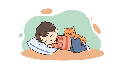Sleeping boy resting with orange cat on back in cozy environment illustration 