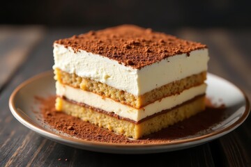 Classic tiramisu dessert, layered texture, cocoa dusting , gourmet, closeup, cake