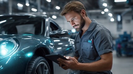 Mechanic Inspecting Car: A focused male mechanic uses a digital tablet to inspect a sleek, dark-colored car in a modern auto repair shop, highlighting automotive technology and expertise. 