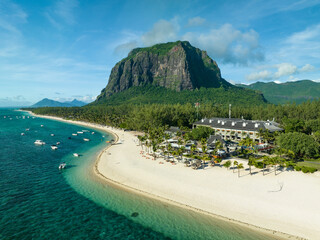 Aerial view: Luxury tropical beach and Le Morne mountain in Mauritius 
