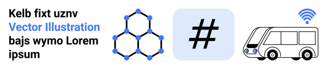 Hexagonal network design, metadata tag symbol, and smart bus with wireless icon illustrate digital connectivity and modern technology. Ideal for tech, innovation, transportation, networking