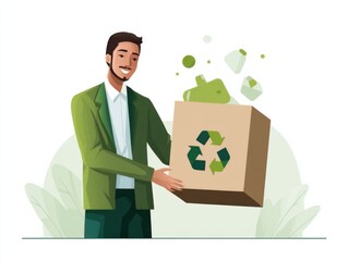 Recycling initiative: A smiling man in a green jacket holds a recycling box, symbolizing environmental consciousness and sustainable practices.
