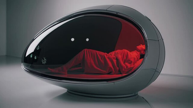 Red light therapy illuminates a futuristic beauty capsule occupied by a woman wearing a red jumpsuit, showcasing a wellness or medical treatment in a sleek, modern setting
