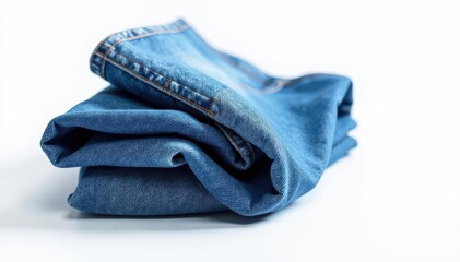 Classic blue denim jeans, crisply folded on white , button, textile