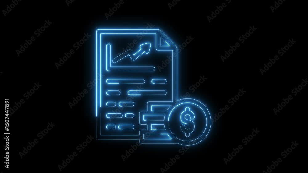 Poster neon style animated financial report with rising graph and dollar symbol on black background
