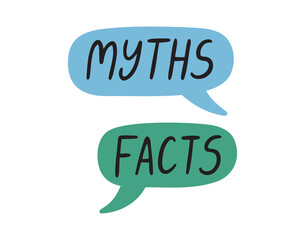 Myths facts speech bubble lettering. Myths and facts doodle hand drawn text.