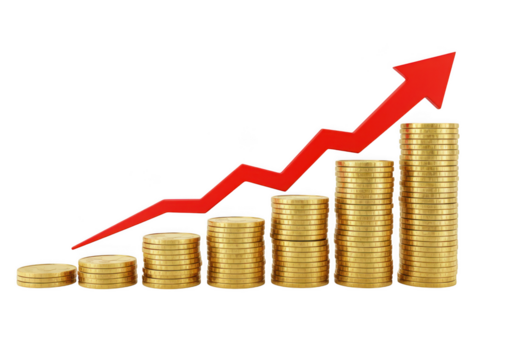 Financial growth concept with golden coins and rising arrow sign on transparent background