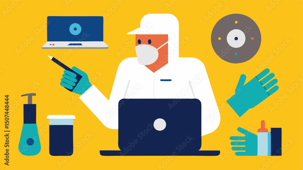 Poster evidence collection a researcher wearing gloves and using a toolkit to extract a hard drive from a l