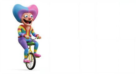 Cartoon clown riding a unicycle with bright colorful attire  
