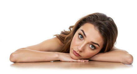 Fototapeta premium Young woman resting her head on hands with a pensive expression 