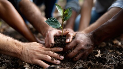 Harmony in Planting: A symbol of unity emerges as diverse hands work together, tenderly planting a sapling, signifying growth and a shared commitment to nurture and protect our planet.