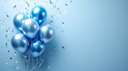 Festive cluster of shiny blue balloons with silver confetti on a light blue background