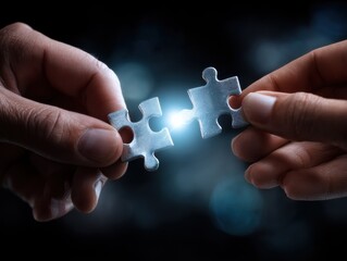Interconnected Puzzle Pieces: Two hands bringing together puzzle pieces with a spark in a symbolic representation of teamwork and unity. 