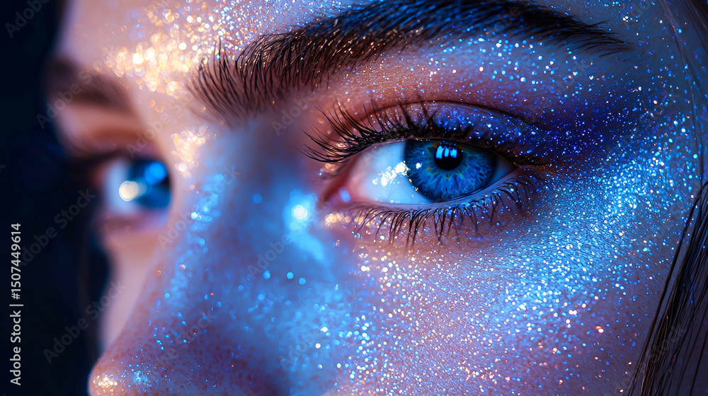 Poster close-up of sparkling blue eye makeup with shimmering glitter accentuating features in a dramatic li