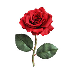 One Red Rose With Leaves  isolated on a transparent background