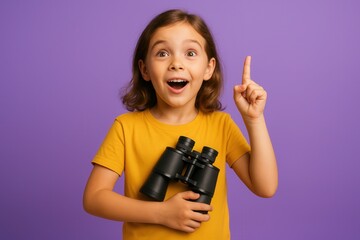 An excited girl in a yellow shirt holds binoculars and points upward with a bright expression against a purple background. Great for educational visuals, exploration, and childhood curiosity concepts.
