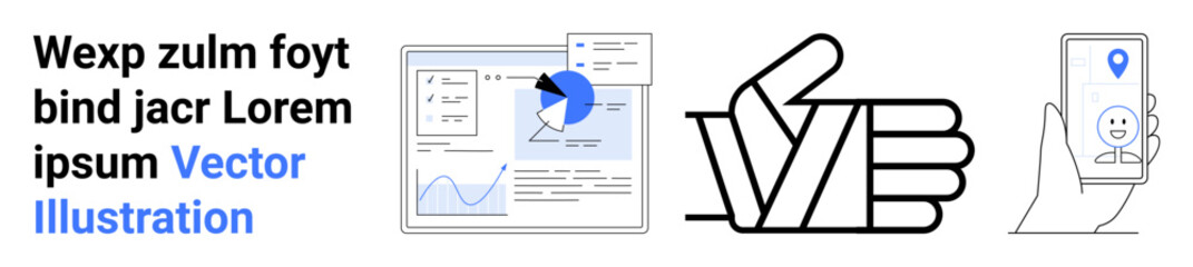 Analytics dashboard with charts and pie, hand showing thumbs up, and smartphone with map pin. Ideal for data monitoring, feedback, approval, navigation, mobile apps, user engagement simple landing