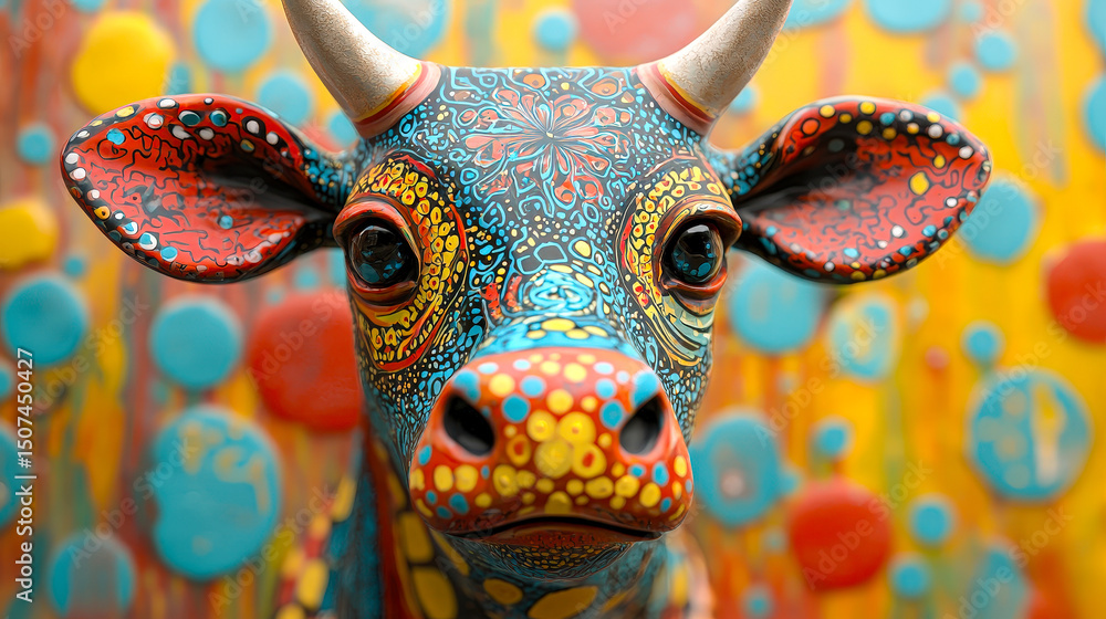 Aufkleber a striking sculptural cow painted in vivid colors and patterns stands against a lively backdrop fill