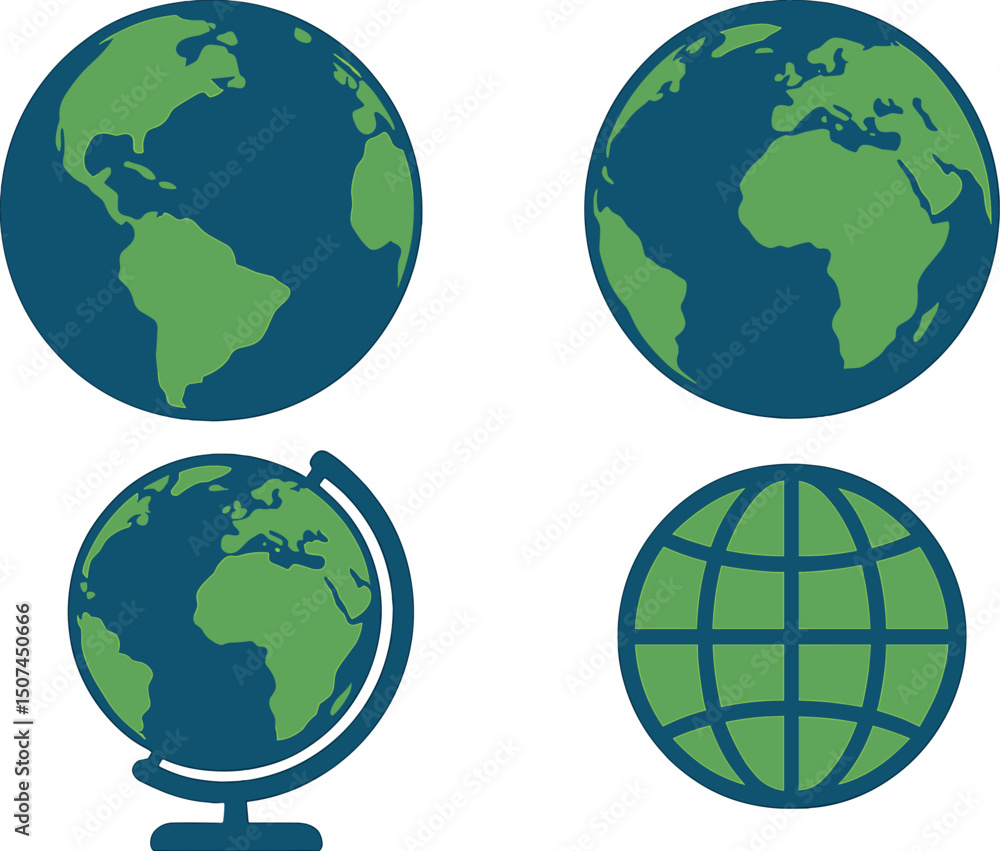 Poster a collection of earth globes in various shapes and sizes are set against a white background in a fla