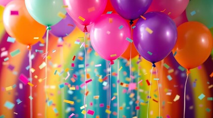 Vibrant colorful balloons and confetti celebration