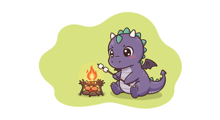 Obraz premium Cute purple baby dragon roasting marshmallow over campfire in green background digital illustration 