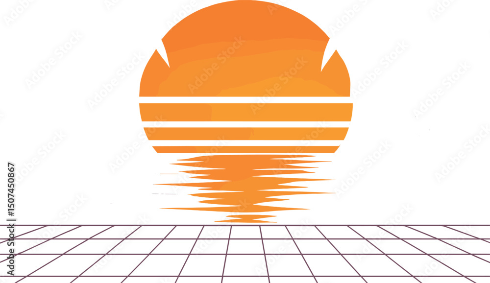 Poster a 3d depiction of a sunset on the beach, complete with retro palm trees and a sci-fi vector backgrou