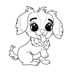 Cute kawaii puppy raise paw. Black and white linear drawing. Isolated on white background. For children's design coloring books, prints, stickers, etc. Vector illustration
