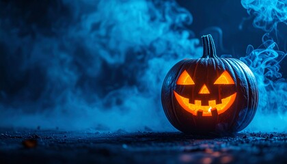 Naklejka premium Halloween pumpkin with glowing face and blue smoke