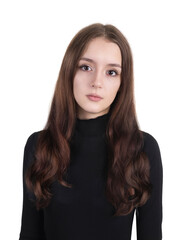 Beautiful young girl portrait isolated on white background. Attractive woman formal style.Long hair lady.Brunette.Student.