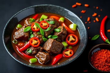 Delicious Korean Beef Stew with Red Chilies and Green Onions in a Dark Bowl