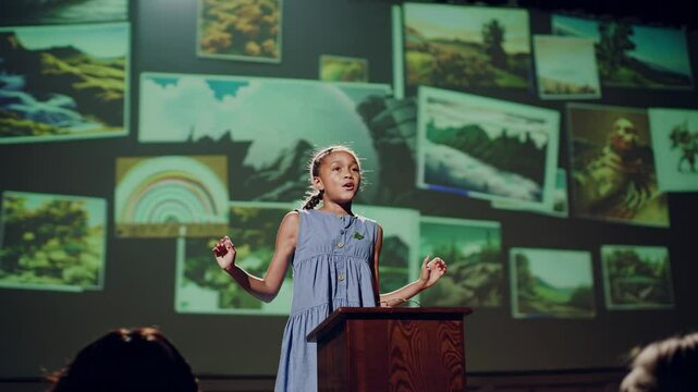 Illuminated by spotlights, a young girl stands at a podium, passionately delivering a speech about environmental conservation against a backdrop of nature themed projections