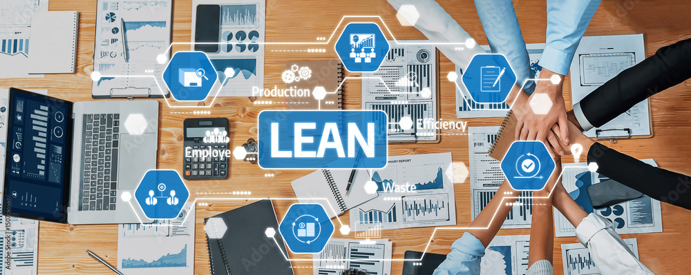 Poster a dynamic overhead view of a collaborative workspace showcasing lean management practices, highlight