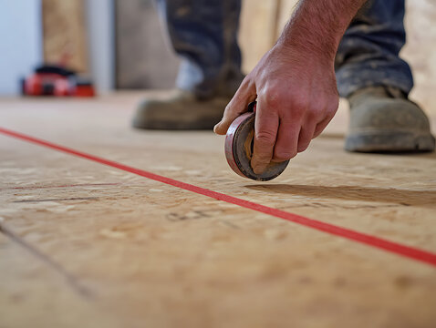 Construction Worker Using Laser Level on Plywood Floor