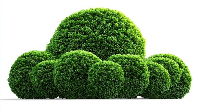 Boxwood topiary bushes artistically trimmed into the shape of a car, isolated on a white background with no shadow or surrounding elements...