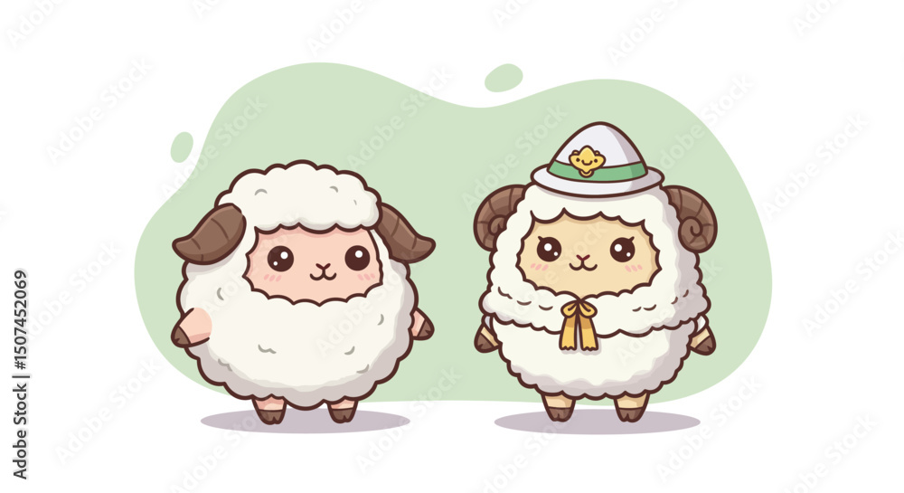 Poster cute cartoon sheep characters with fluffy wool and charming expressions in simple green background v