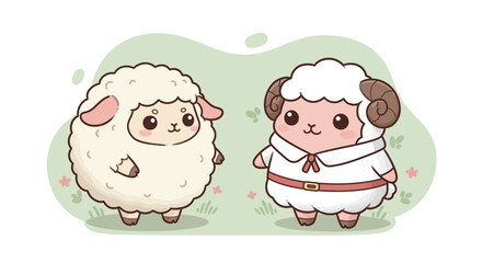 Cute cartoon sheep and ram with fluffy wool standing on grass in soft pastel colors digital illustration 