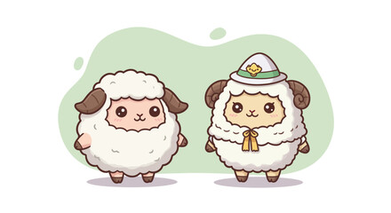 Cute cartoon sheep characters with fluffy wool and charming expressions in simple green background vector illustration 