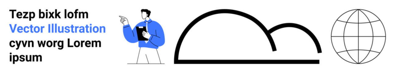 Person pointing while holding a clipboard, abstract shapes, and a globe outline. Ideal for business presentation, education, teamwork, global reach, creativity, technology and simple landing page