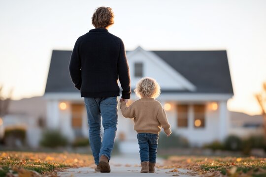 Rear view of father and child holding hands while walking toward home on autumn evening