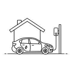 Obraz premium Electric car charging at home, simple line art illustration for websites