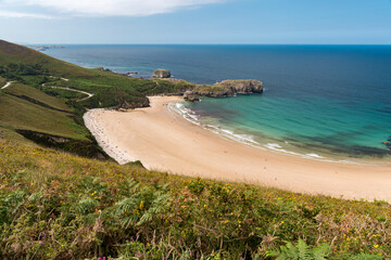 Panoramic view of the beach Playa de Torimbia in Asturias, along the coast of northern Spain