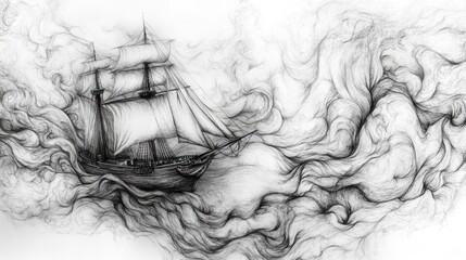 Abstract black and white drawing of ship in swirling seas of linework, smoke patterns, and ornamental forms.
