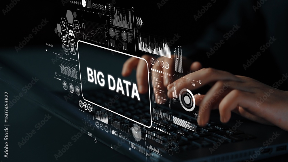 Poster Hands typing on a laptop keyboard with futuristic big data interface and graphics overlay for technology and data analysis concepts. Asymptotic smart data analytic.