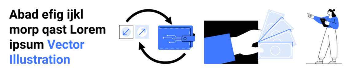 Wallet and payment interface, user with smartphone, arrows signifying flow, and clear call-to-action. Ideal for finance, e-wallet systems, online payments, fintech platforms, and simple landing pages