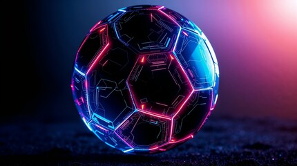 Futuristic soccer ball illuminated with neon lights on dark background  