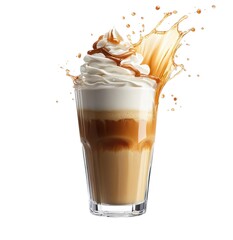Iced latte with cream and caramel on transparent background
