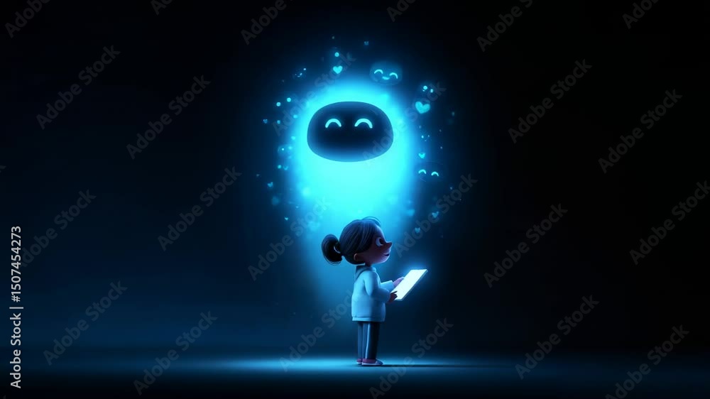 Poster illuminating connection between a scientist and a glowing blue entity in a dark environment