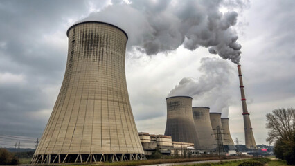 Nuclear power plant cooling towers with steam under overcast sky. Generative AI. 
